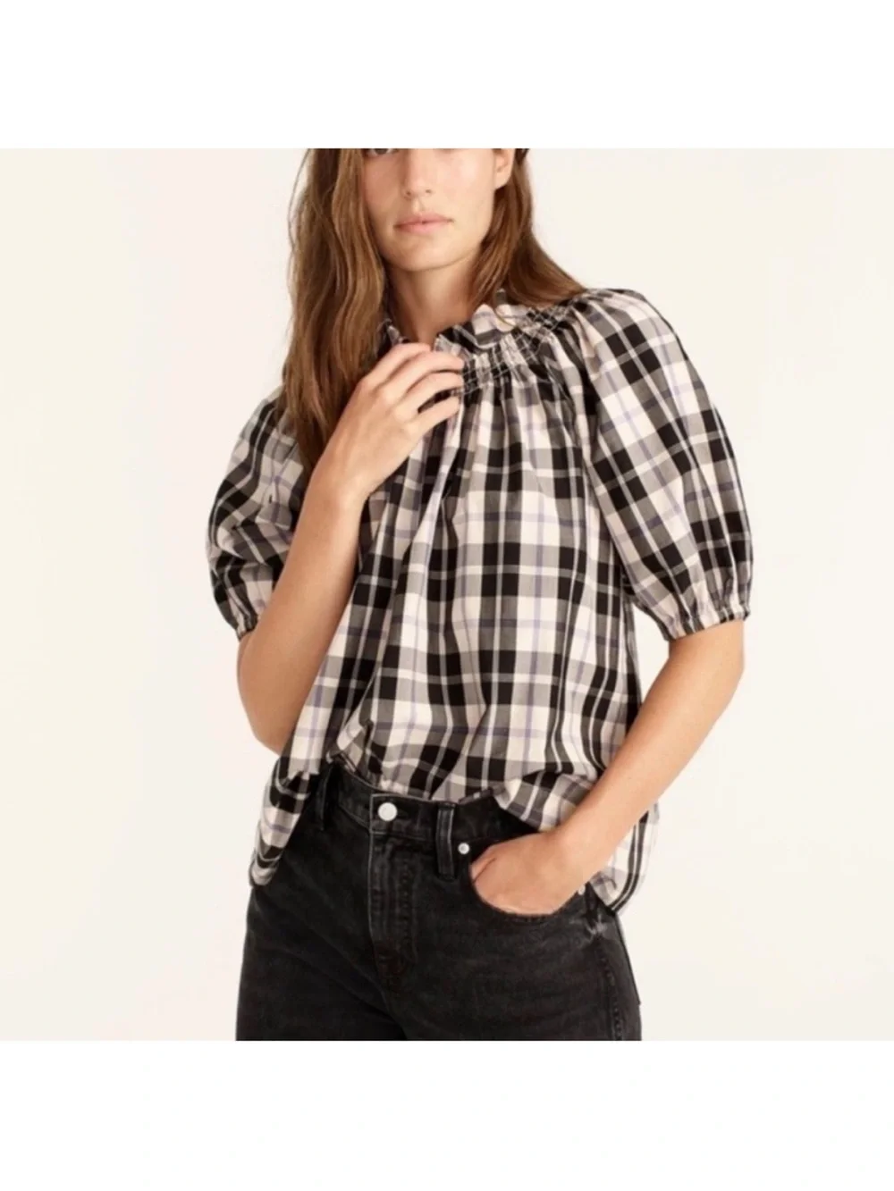 J. Crew Smocked-neck puff-sleeve‎ top in Friday plaid